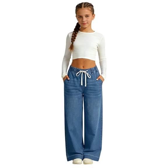 WAYUTE Girls Jeans Stylish Drawstring Waisted Denim Pants Comfortable Stretch for Play and Casual School Wear