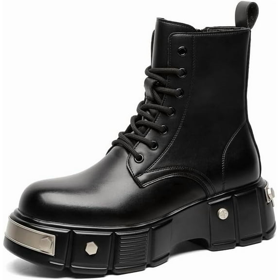 Men's Black Platform Combat Boots - Gothic Ankle Booties with Lug Sole, Lace-Up & Side Zip