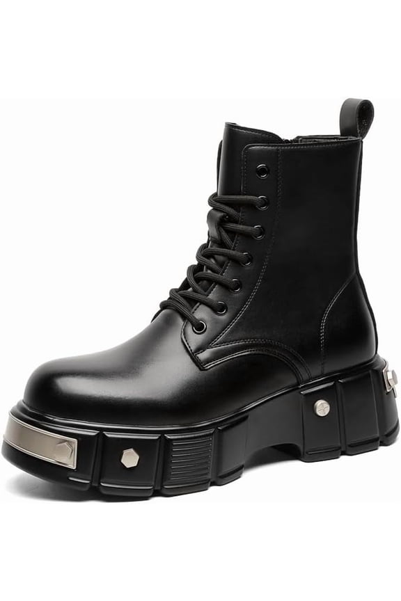 Men's Black Platform Combat Boots - Gothic Ankle Booties with Lug Sole, Lace-Up & Side Zip