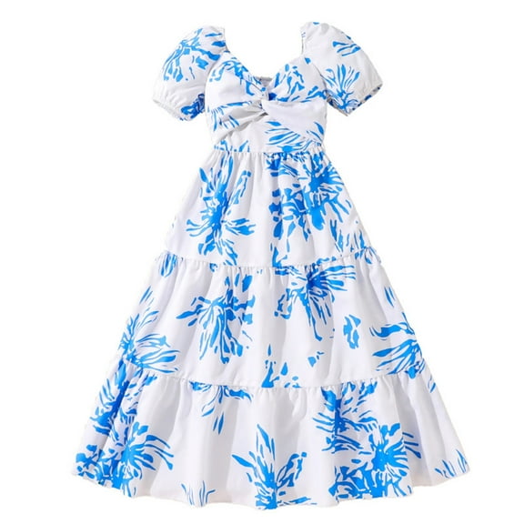 QTOCIO Toddler Girls Dresses, Baby Girl Summer Clothes, Fashion Girls Summer Short Sleeve Round Neck Ruffle Dress Princess Skirt, Light Blue, 11 Years