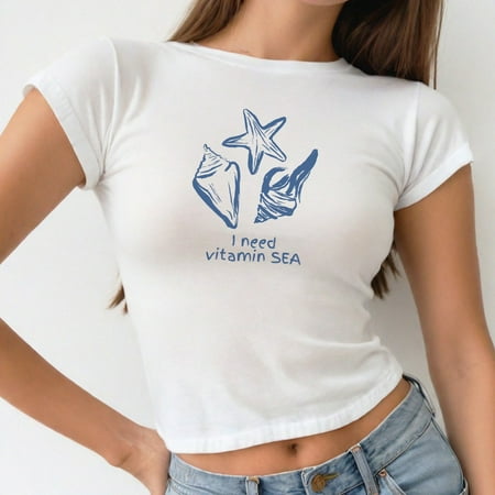 Seashells Baby Tee Y2K 90 s Cropped Cotton Cottagecore Aesthetic Shirt Nautical Tee Ocean Swimsuit Coverup Coastal Surf Shirt Shells