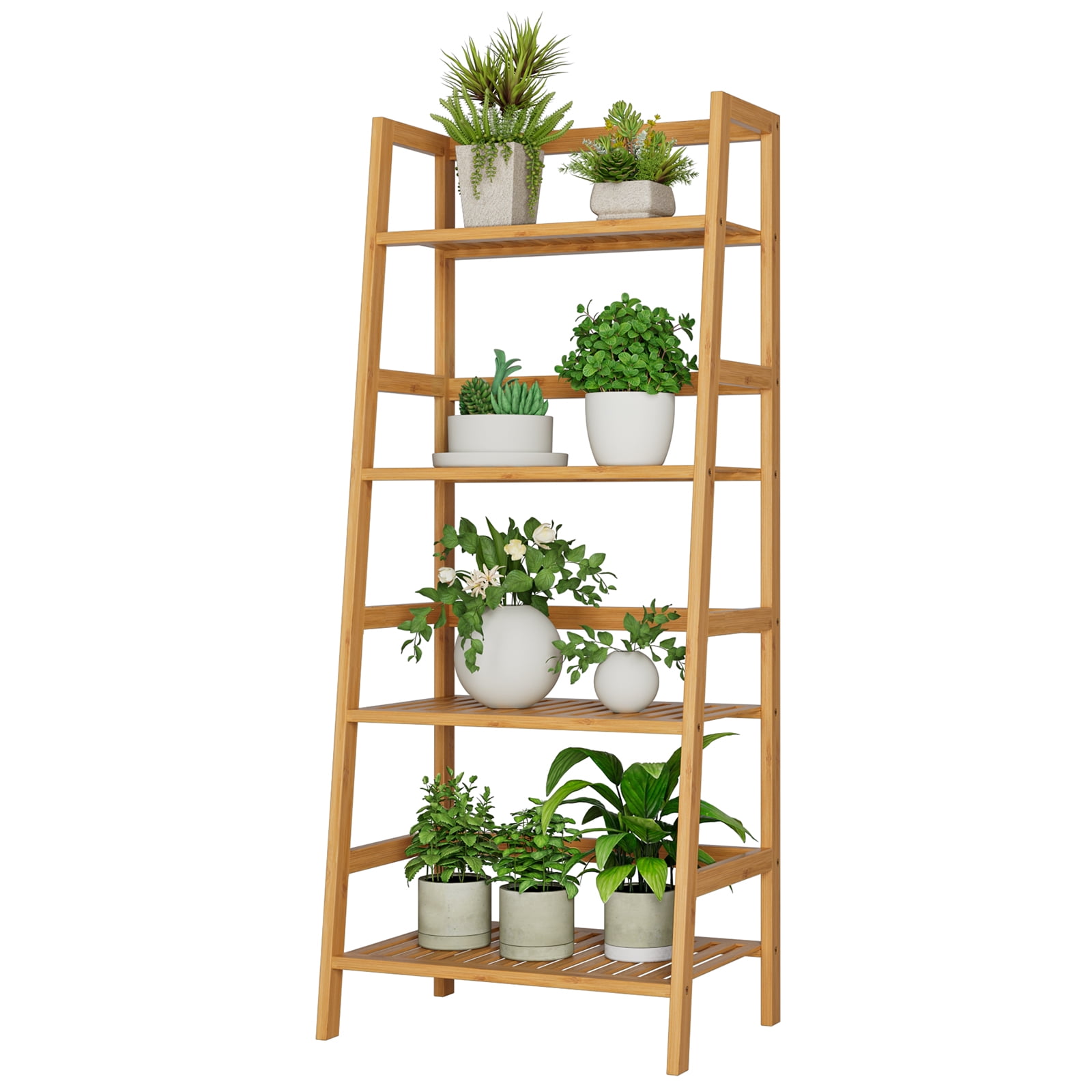 Homfa 4 Tier Ladder Shelf Unit Bamboo Storage Shelves Bookcase Stand Shelves Plant Stand 48x32x116cm White 