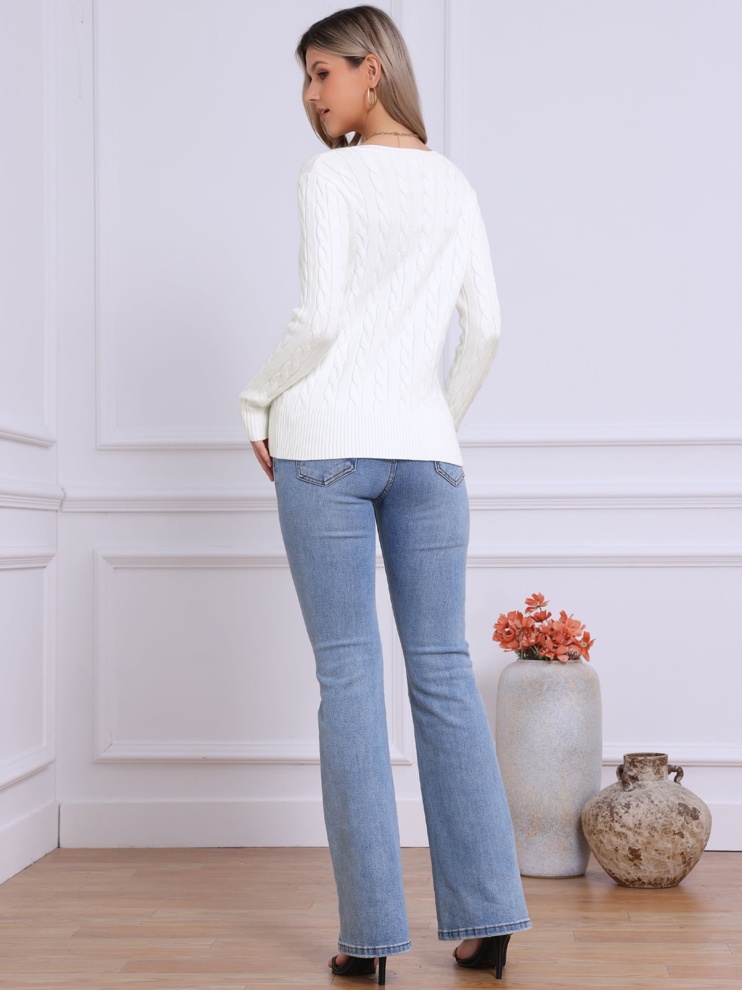 DARING DIVA Women's Cable Knit Button Down Long Sleeve Cardigan Sweater XL White