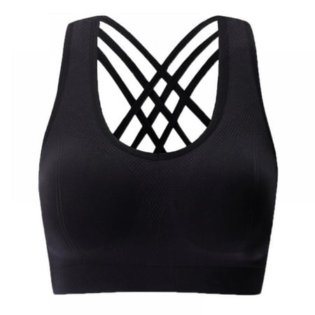 

Miyanuby Womens Padded Sports Bra Cross Back Bra Workout Strappy Bra Seamless Comfortable Yoga Bra Black S 25.5 -29.5