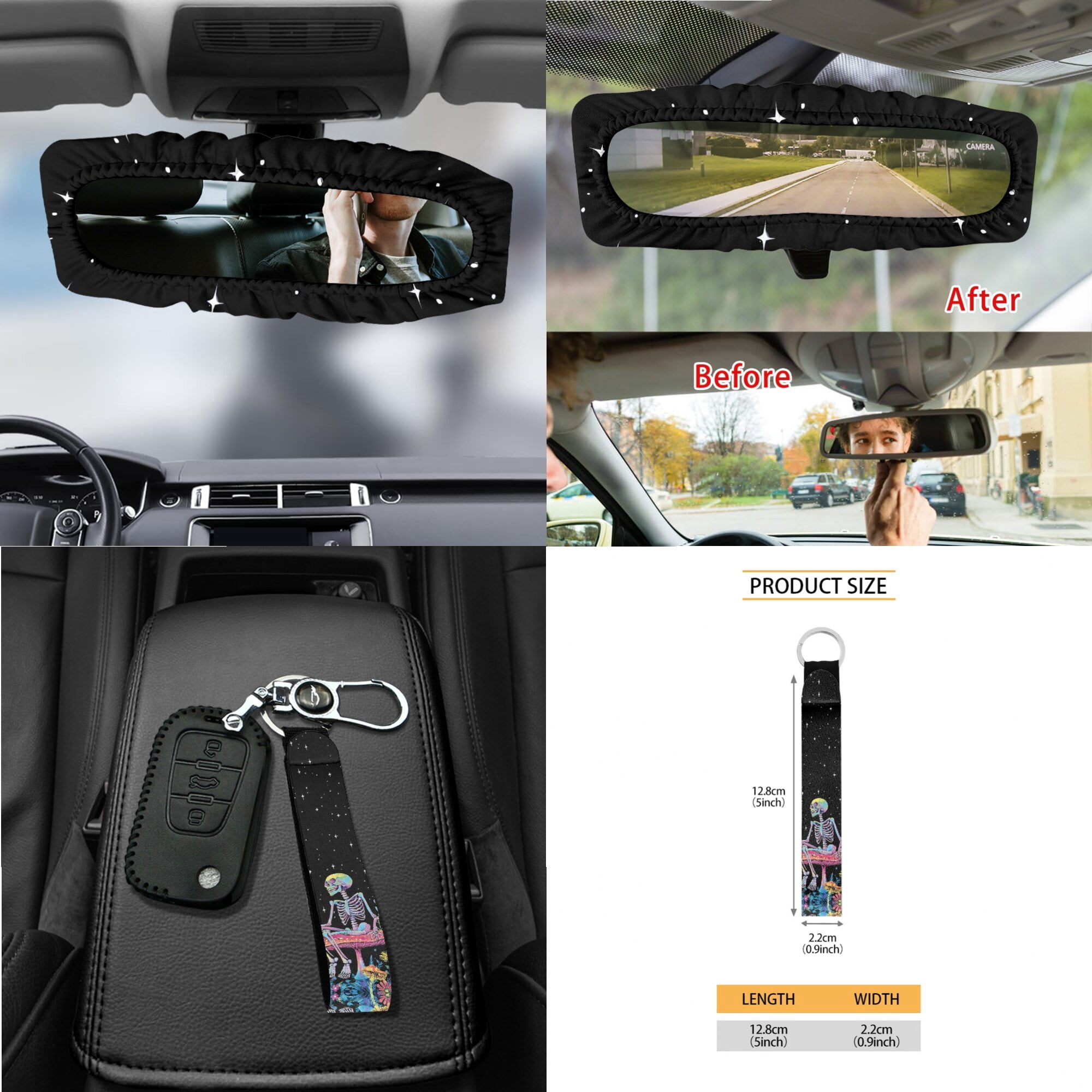LedBack Skeleton Mushroom Print Auto Seat Covers Set Star Moon Print Front Back Seat Covers Steering Wheel Cover Seatbelt Pads Rearview Mirror Cover Trash Bag Universal Fit Most Cars