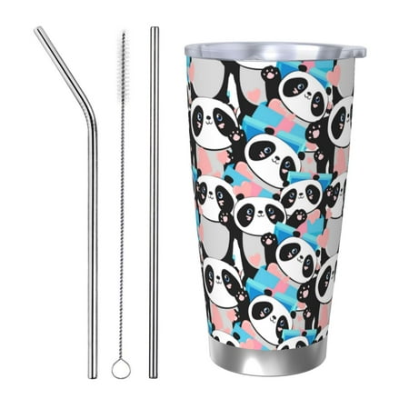 

Susaid Panda Cute Hearts Print 20oz Car Cup Insulated Coffee Cup Fully Spill Proof Travel Coffee Mug Stainless Steel Tumbler for Work Home Outdoor Car-Straw Three-piece Set