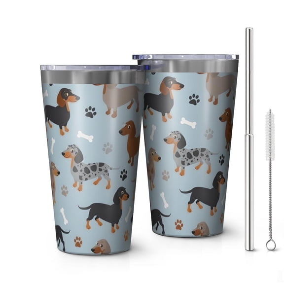 16oz Tumblers Cute Dachshund and Dog Footprint Stainless Steel Vacuum Insulated Double Wall Travel Tumbler Cups Mug with Lid and Straw,Cleaning Brush for Coffee,Tea