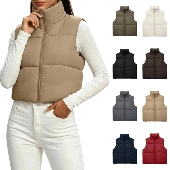 Vixolx Women Cropped Puffer Vest Zip Up Stand Collar Quilted Sleeveless Jacket Lightweight Fall Winter Casual Outerwear