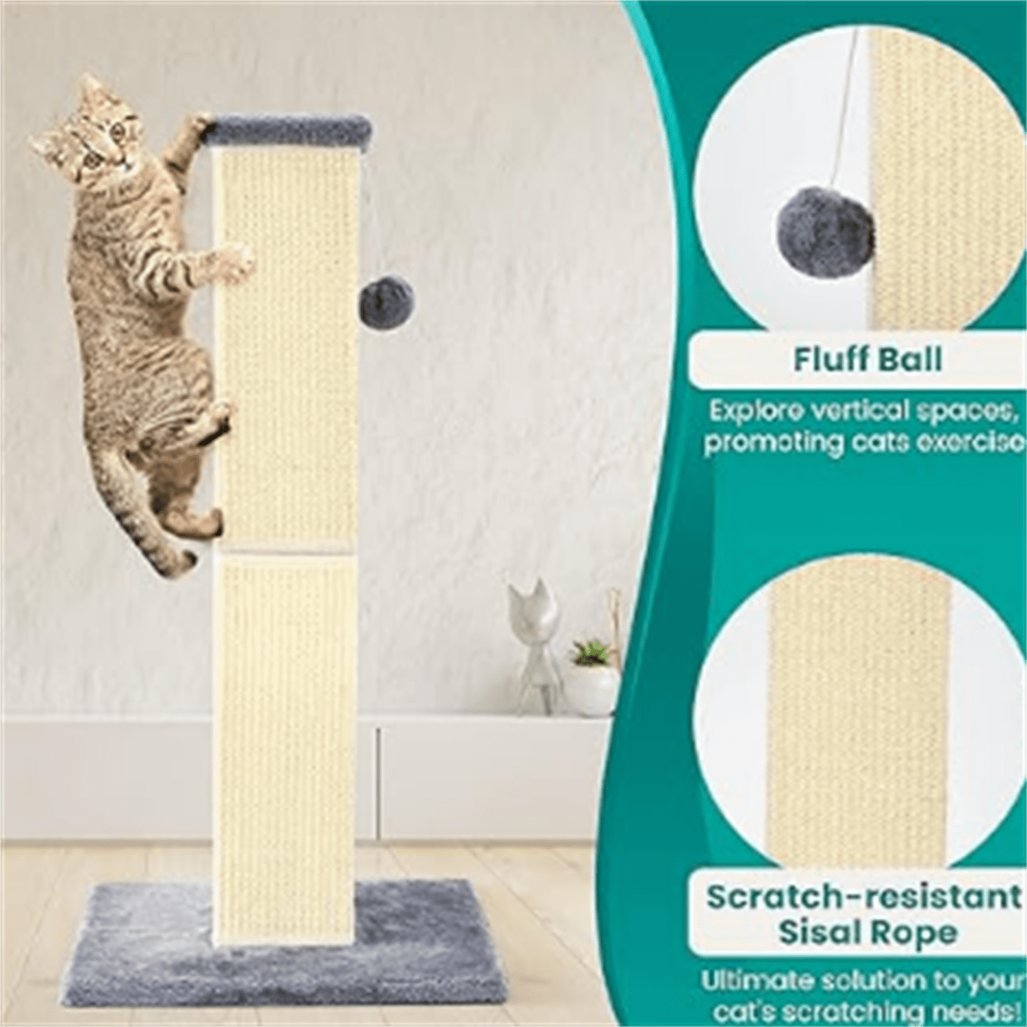 Cat Scratching Post 32 Inch for Indoor Large Cats and Kitten, Nature Sisal Tall Cat Scratch Post, Sisal Cat Scratcher Improve Cat's Scratching Habits and Protect Your Furniture, Grey