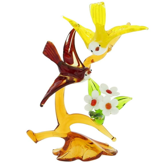 GlassOfVenice Murano Glass Birds On a Tree With Flower - Red and Yellow
