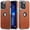 Brown, variant on MOHEYO Shockproof Logo View Cover Metallic Frame Vegan Leather Case for iPhone 13 Pro Max - Brown
