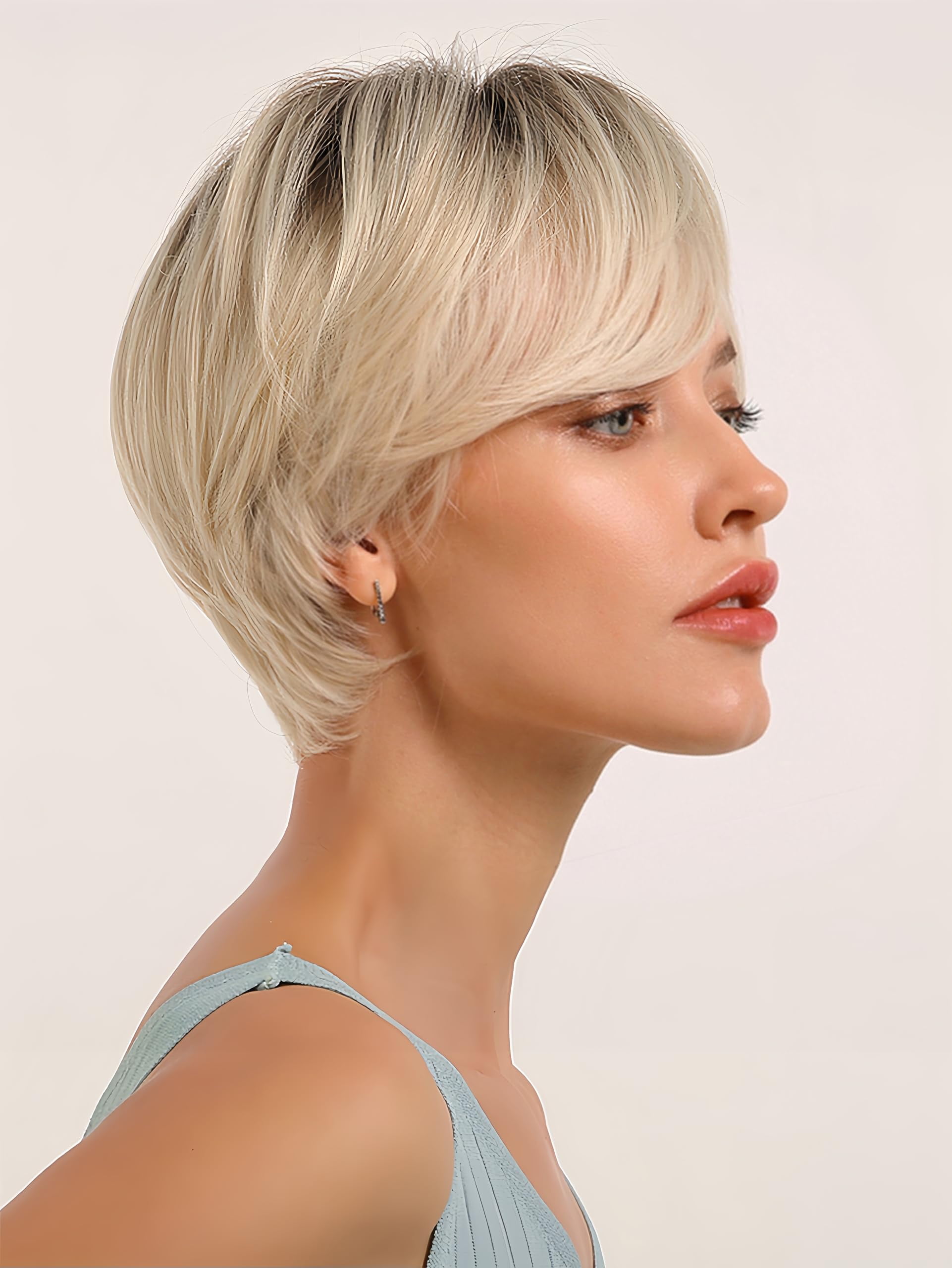 Pixie Wig - Short Golden Wavy Wigs With Bangs