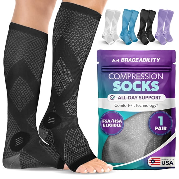 BraceAbility Compression Socks for Circulation - 20-30 mmHg Open-Toe Knee High Support Stockings for Swelling, Varicose Veins, Neuropathy (1 Pair, S, Black)