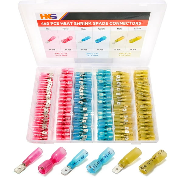 Kit de conectores Spade HKS 460 piezas AWG 22-10 con termorretráctil