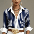 thumbnail image 3 of Morttic Women's Elegant Business Striped 2-Piece Outfit – Long Sleeve Lapel Button Front Shirt & High Waist Wide Leg Pants Blue，L, 3 of 6