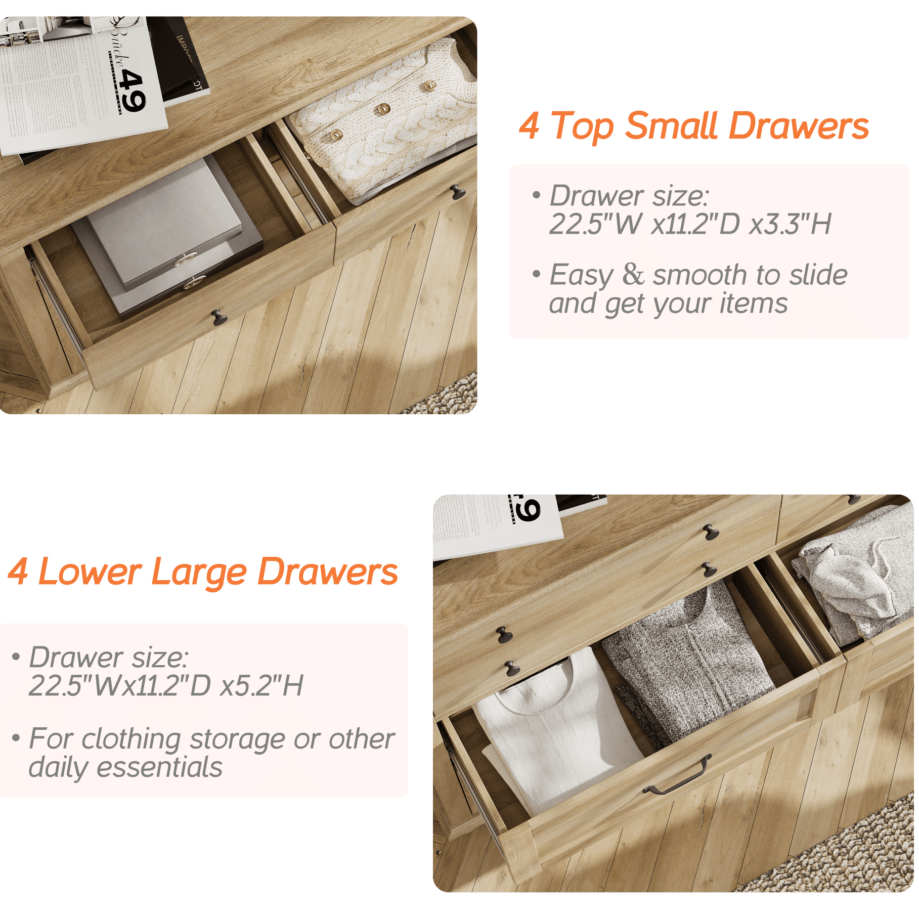 Oak 8 Drawer Dresser for Bedroom, Wooden Chest of Drawers for Living Room