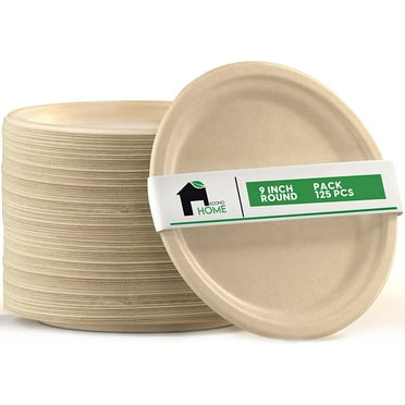 EconoHome 9 Inch Compostable Eco-Conscious Party Plates, Bagasse, 125 Pack
