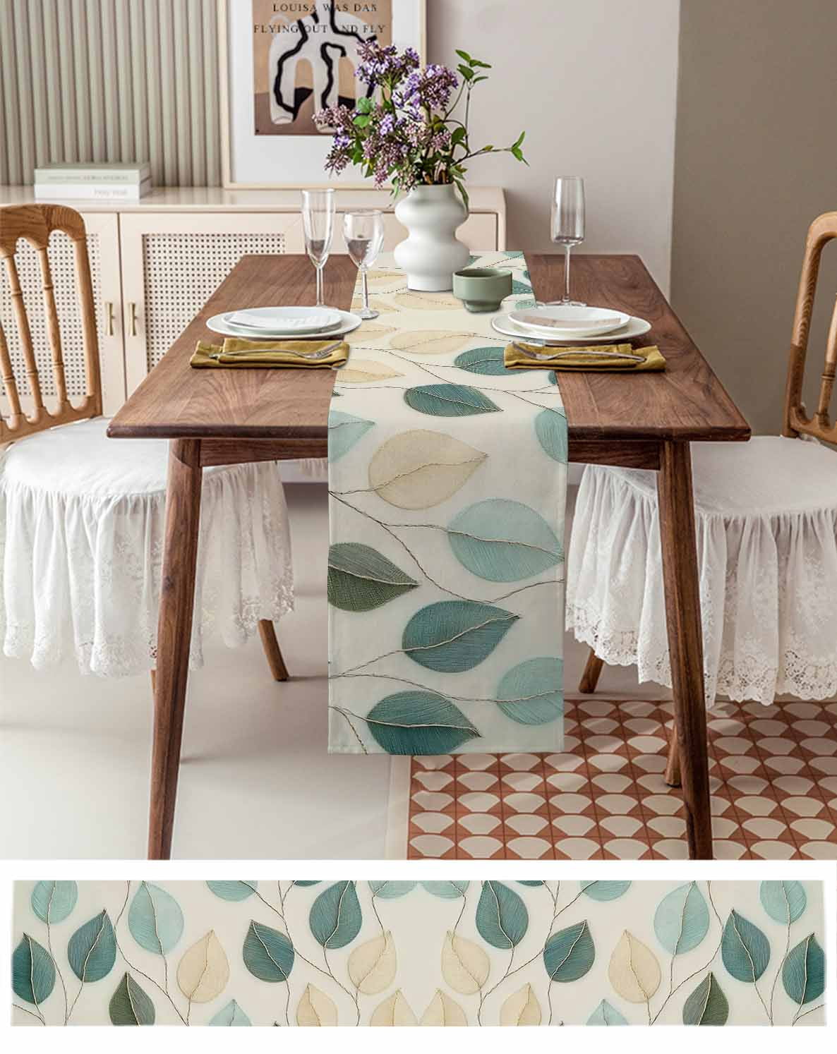 Teal Green Leaf Table Runner 72 Inches, Farmhouse Vintage Middle Century Textured Bed Runner Dresser Scarves Tabletop for Indoor Outdoor Parties/Ceremony/Banquet, 18" x 72"