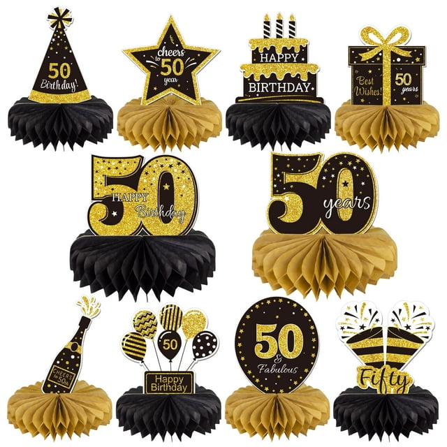 Gexolenu 10 Piezas Centros De Mesa De Panal De 50 Cumpleaños Oro Negro Saludos A 50 Años Centros De Mesa De Cumpleaños Adornos De Mesa Para Decoraciones De 50 Cumpleaños 50 Fabulosos Suministros De De