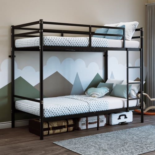 Metal Bunk Bed,14.29-Inch High Safety Rails, 19 Crossbars per Bunk, Under-Bed Storage, for Kids, Teens & Adults, Black