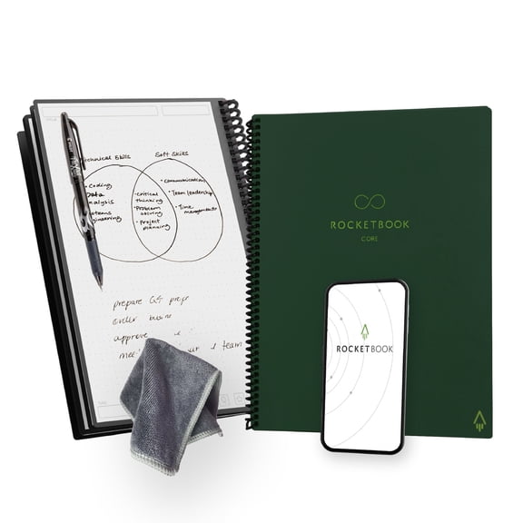 Rocketbook Core Reusable Smart Notebook, Letter 8.5" x 11", Green, Dot Grid Pages, Cloud Connected Erasable Spiral Notebook