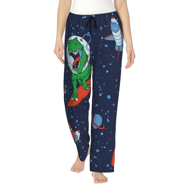 Fotbe Dinosaur Astronaut Space Surfing Pantalones de Pijama para Mujer, Pantalones de Dormir, Pantalones Pj con Cordón y Bolsillos-Medium