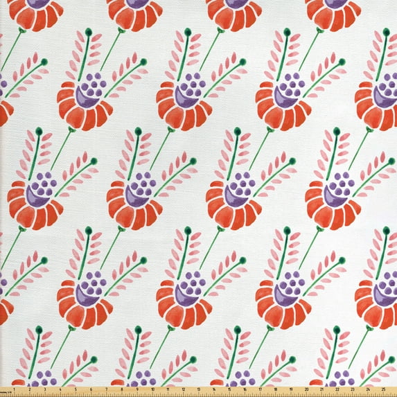 Watercolor Flowers Fabric by the Yard Upholstery, Ornamental Flowers Beauty Blooms Revival Plants, Decorative Fabric for DIY and Home Accents, Plum Red Pale Pink by Ambesonne