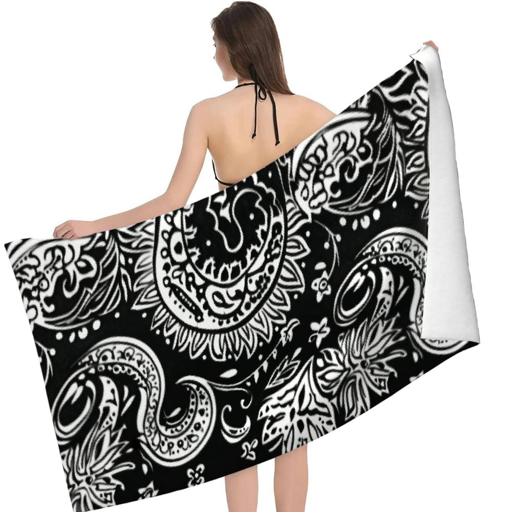 PHYHOO Black and White Indian Paisley Patterns Beach Towel, Sand Free Microfiber Beach Blanket, Quick Dry Absorbent Bath Towels for Swimming Pool, Camping, Picnic, Yoga Gym Sports 30x60in