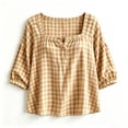thumbnail image 5 of Yrmaups Women Plus Size Square Neck 3/4 Sleeve Blouse, Loose Fit Button Plaid Top, Soft Casual Tee for Summer Office Daily Wear, Khaki 4XL, 5 of 5