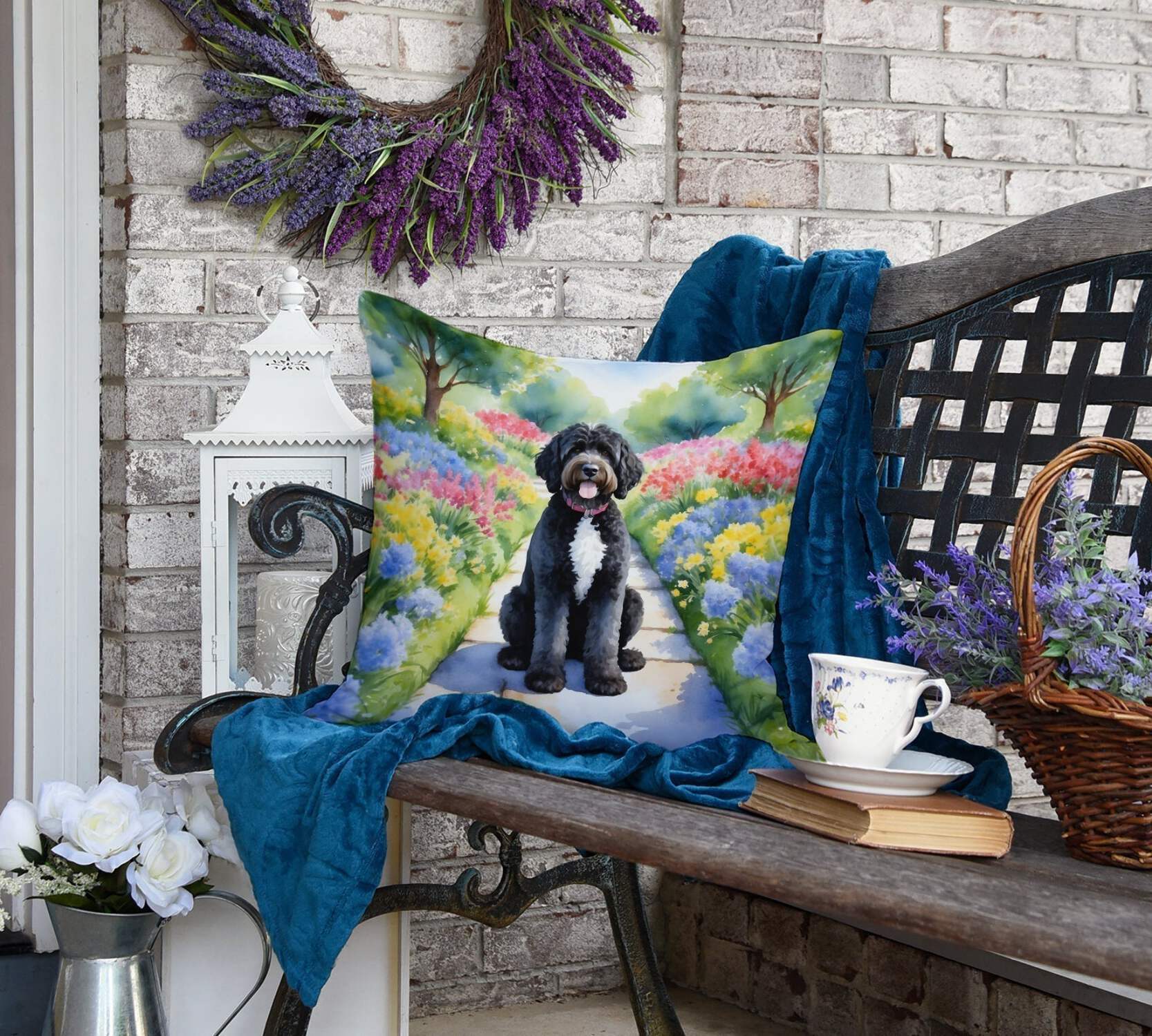 Portuguese Water Dog Spring Path Throw Pillow 18 in x 18 in