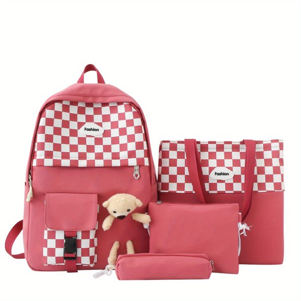 Juego De 4 Piezas De Mochila Con Diseño De Tablero De Ajedrez, Mochila De Viaje Kawaii Preppy Con Bolso De Mano, Bandolera, Estuche Para Lápices