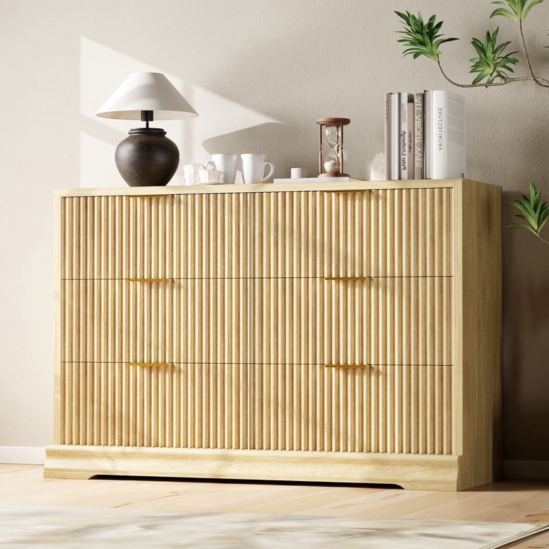 Lacoo 6 Drawer Fluted Dresser, Modern Ribbed Chest of Drawers with Gold Handles, Large Storage Dresser TV Stand for 50" TV