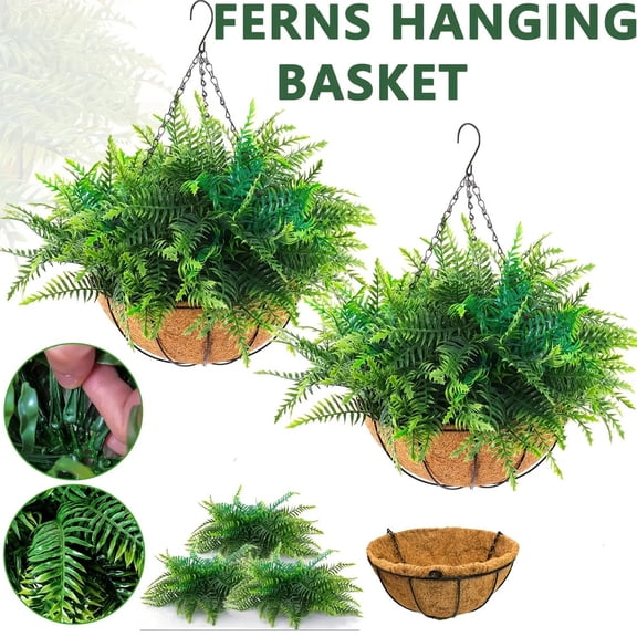 Artificial Hanging Fern Plants, Outdoor Fake Ferns in Iron Planter, Wall Garden Decoration, Fake Hanging Basket for Home Porch Patio