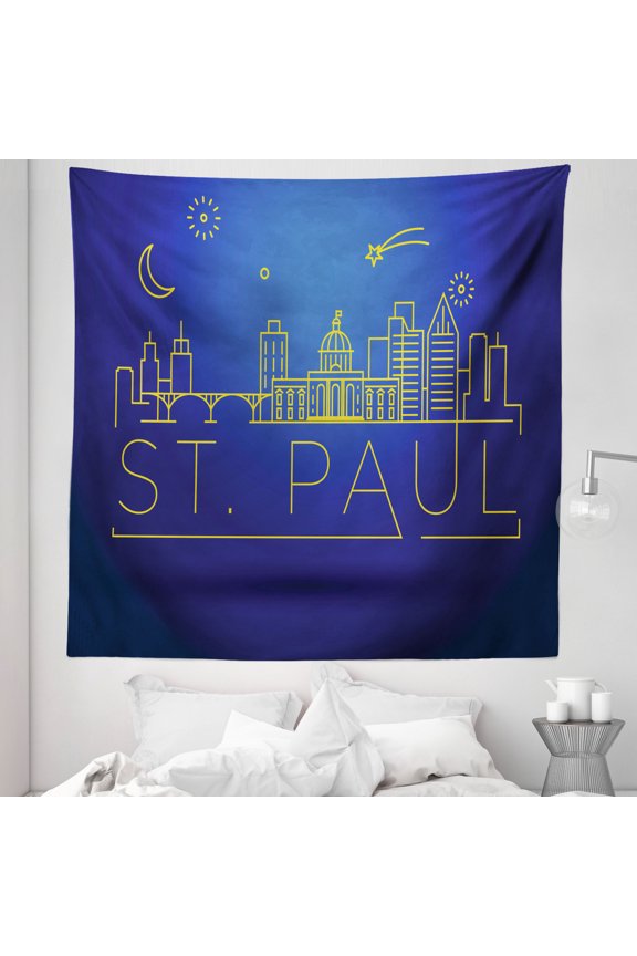 Minnesota Tapestry, Doodle Art St Paul City Skyline in a Starry Night Modern Style Typography, Fabric Wall Hanging Decor for Bedroom Living Room Dorm, 5 Sizes, Indigo and Yellow, by Ambesonne