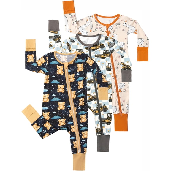 QEFJNO Bamboo Viscose Baby Boys One-Piece Footies Pajamas, Zipper Romper with Mitten, Footless Sleepers - 1PCS Bears