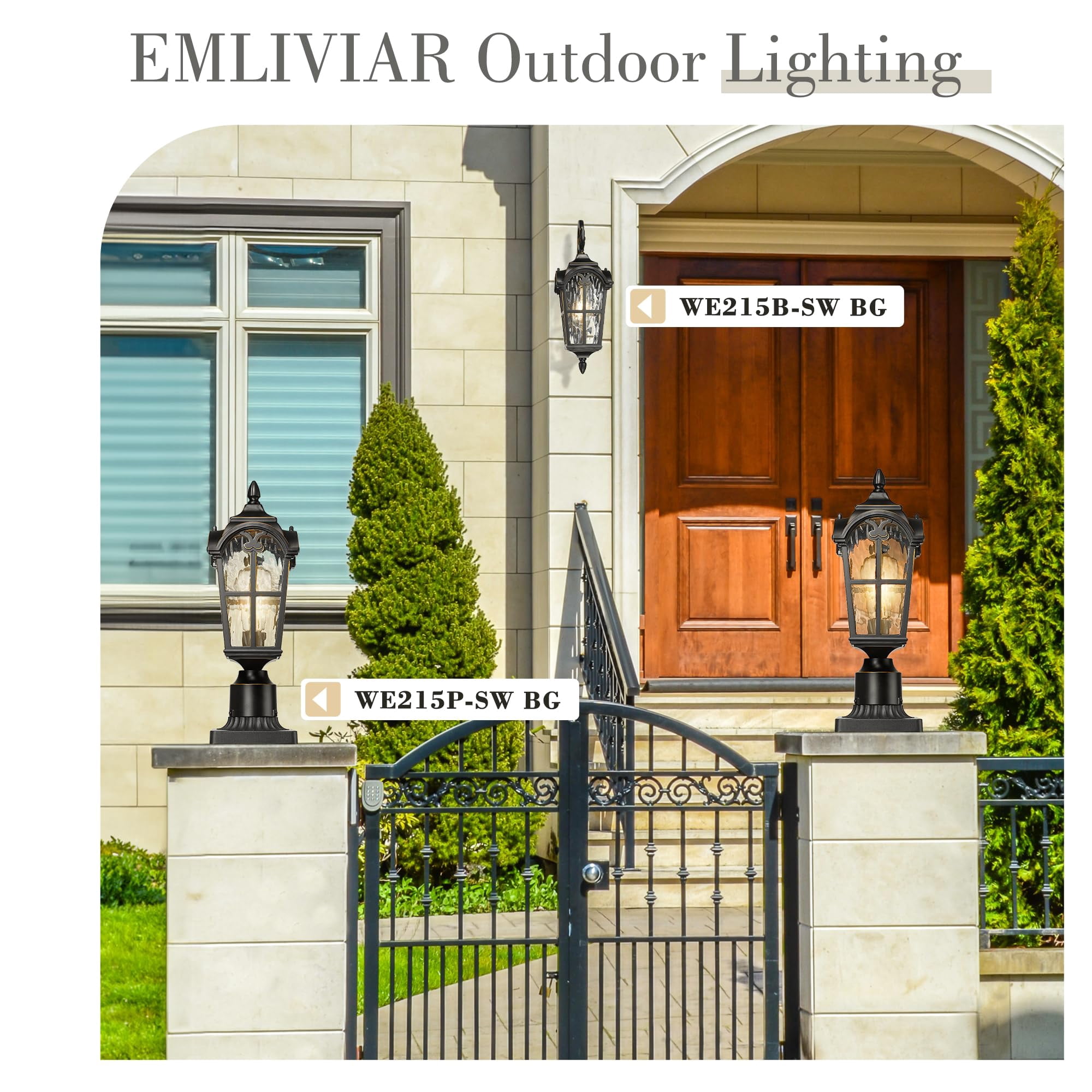 Emliviar Outdoor Light Wall Lantern with Water Ripple Glass, 17.5" Black Finish with Gold Edges, WE215B-SW BG