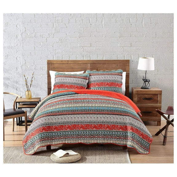 Odette 3-Piece Boho Chic Rust Orange Brown and Red Pre-Washed 100% Cotton Bohemian Bedspread Quilt Set, King Size