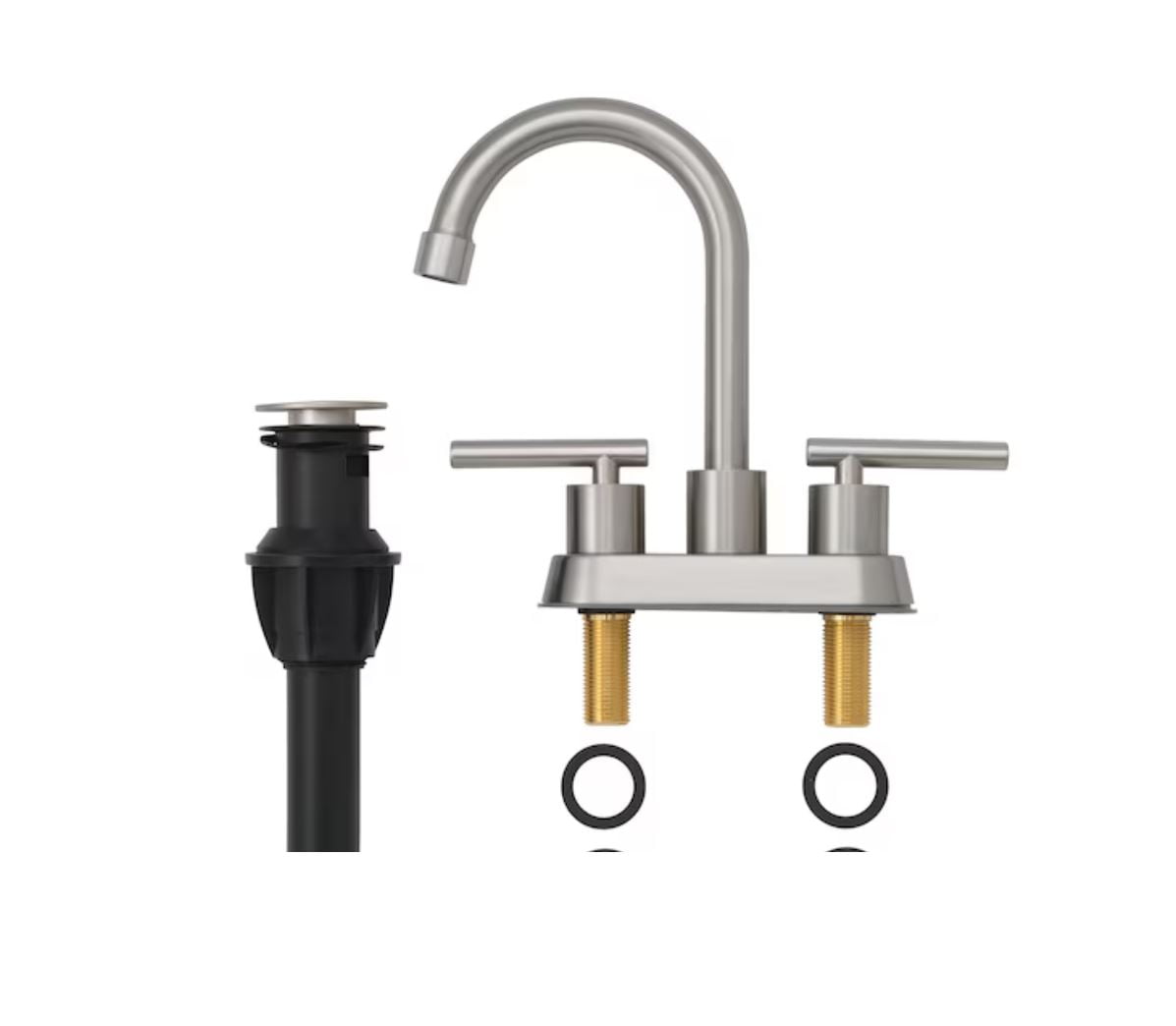 Project Source Larton Brushed Nickel 4-in centerset 2-handle WaterSense High-arc Residential Handle Bathroom Sink Faucet with Drain with Deck Plate