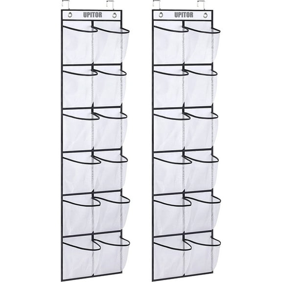UPITOR Over The Door Shoe Organizer - 12 Large Mesh Pockets for Neat and Tidy Storage, Hanging Narrow Closet Door, White, 2 Pack