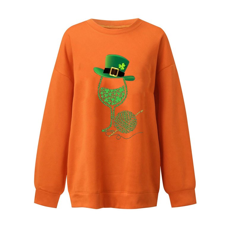 Womens St. Patrick's Day Shirts, Cute Holiday Graphic Print Casual Crew  Neck Blouses Long Sleeve Basic Green Tee Tops,Orange shirts for women  X-Large