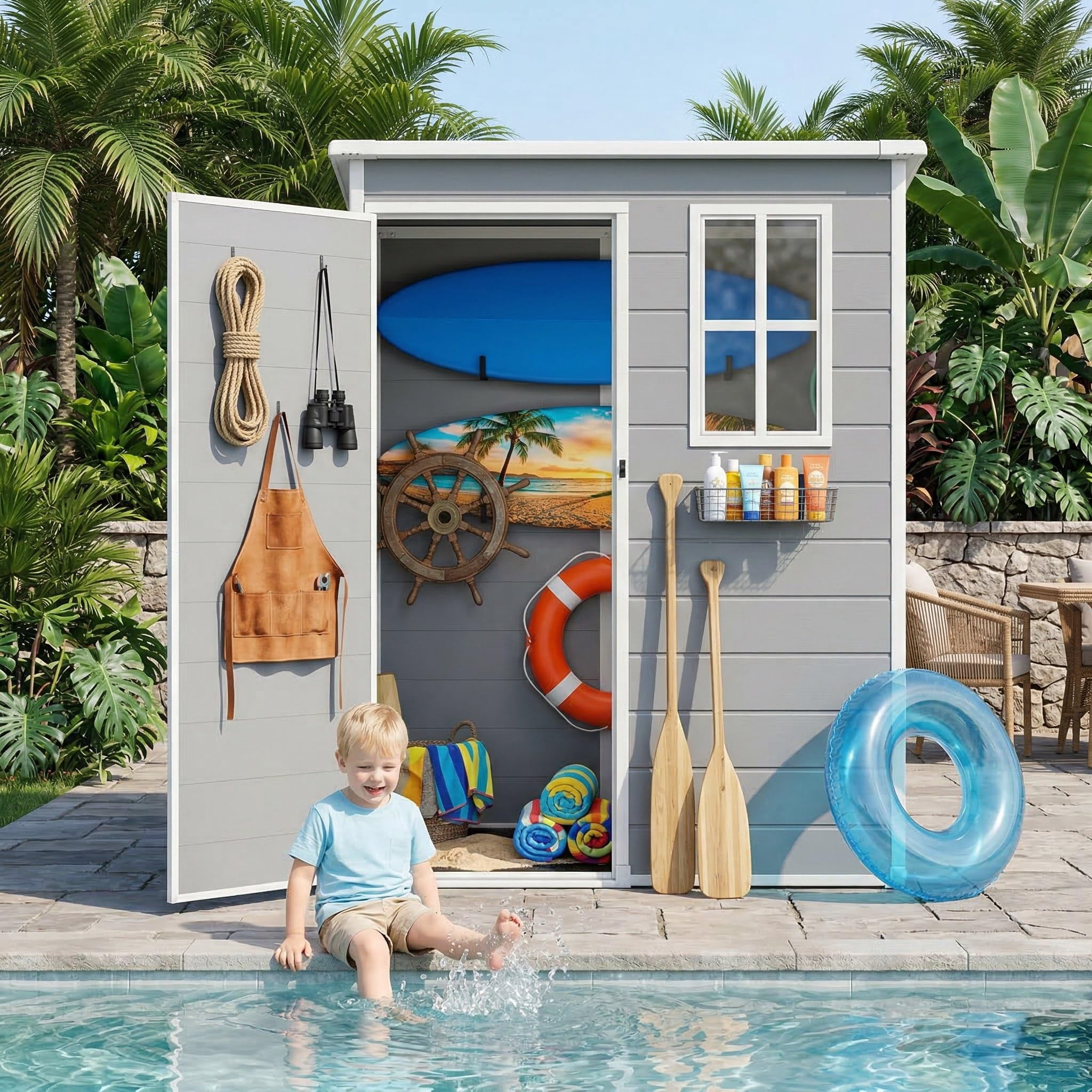 5 x 3 ft Resin Outdoor Storage Shed, Lofka Plastic Storage Shed, Heavy Duty Floors, Colorfast, Double Lockable Doors for Garden and Backyard