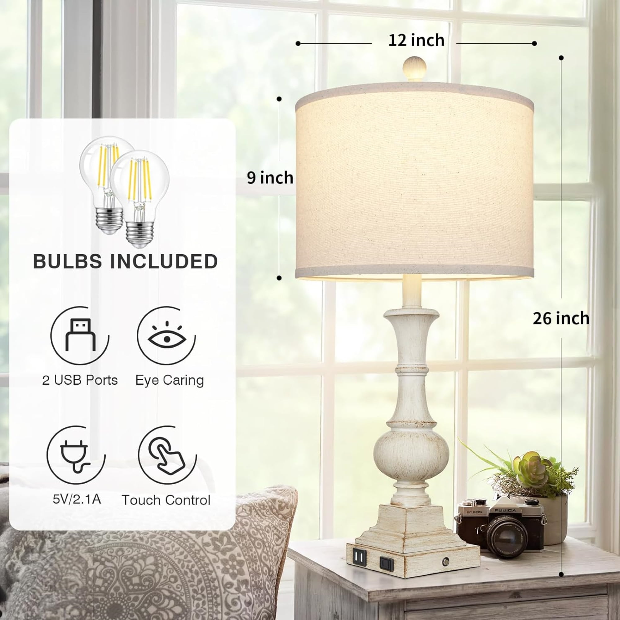Cinkeda 3 Way Dimmable Touch Table Lamp Set of 2 for Bedroom Living Room Modern Farmhouse Resin Bedside Nightstand Lamps with USB Ports AC Outlet