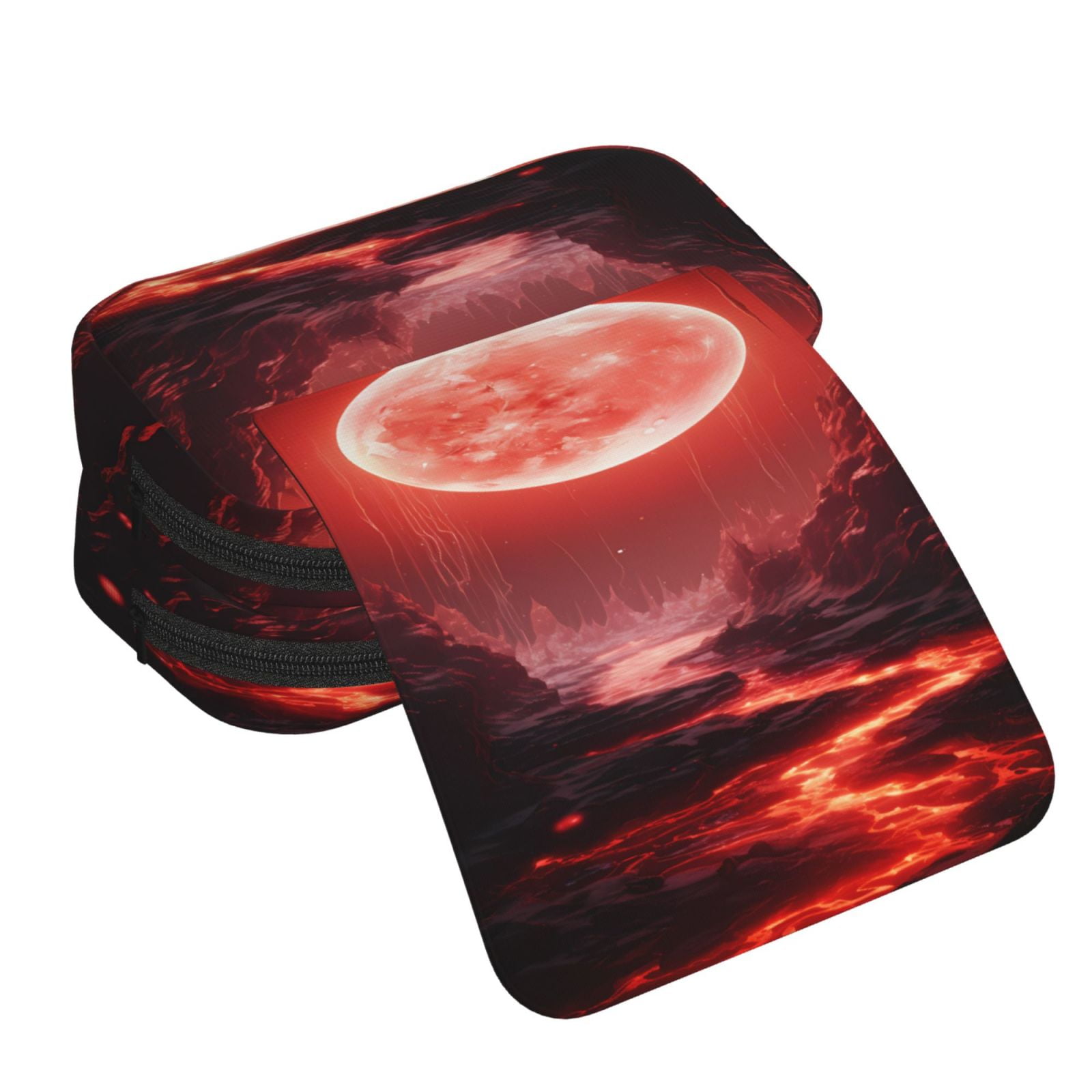 Rateoe Red Moon Lava Pattern Double Clamshell Pen Case, Storage Organizer with Two Zipper Compartments– Holds Up to 50 Pencils & Pens