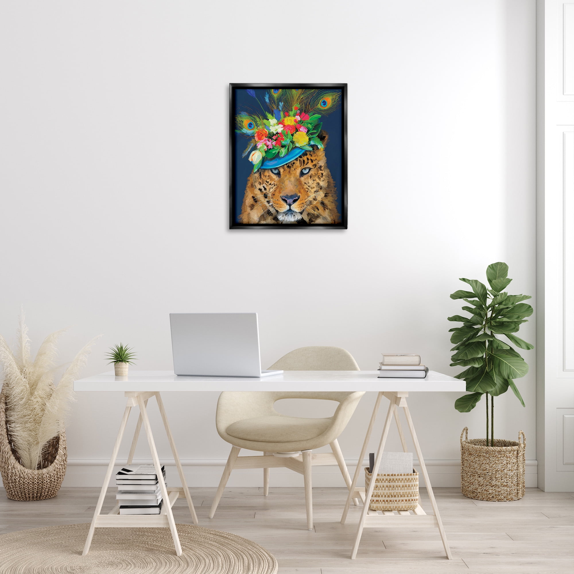 Stupell Industries Cheetah with Feather Hat Animals & Insects Painting Black Floater Framed Canvas Art Print Wall Art, 25 x 31