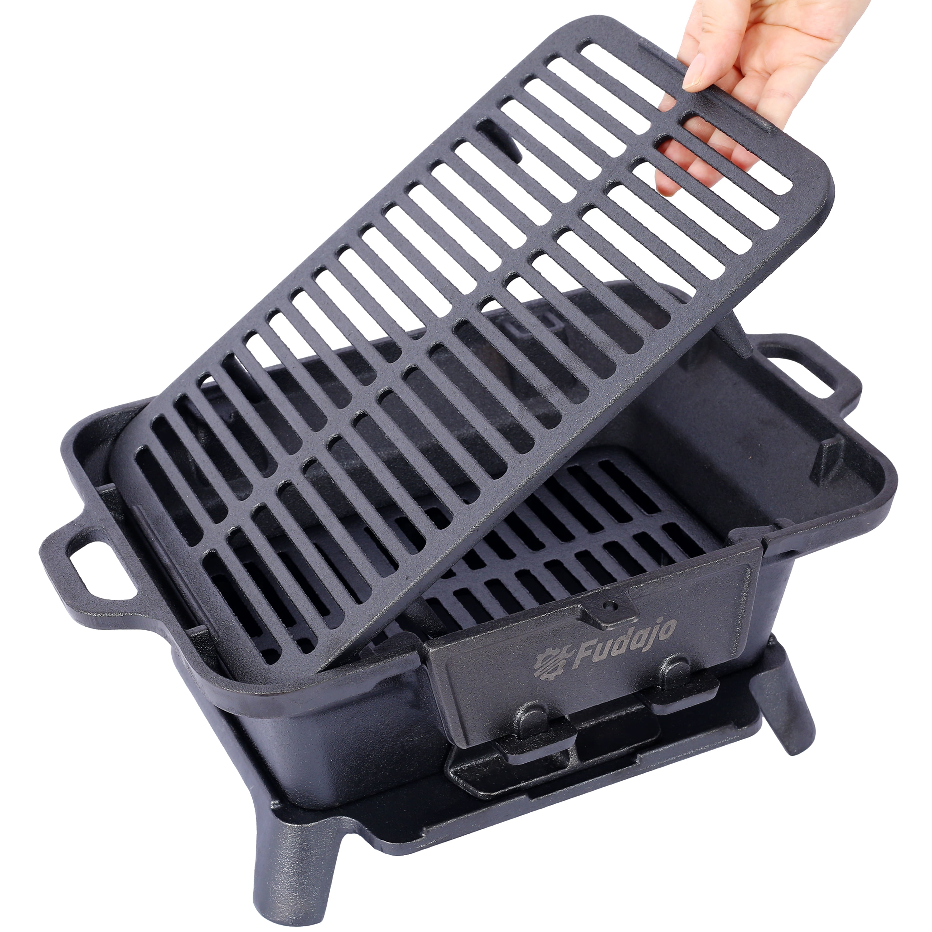 Cast Iron Hibachi Grill, Portable Charcoal Tabletop BBQ Grill with Skillet, Heavy Duty Compact Outdoor Grill for Camping, Picnic, Tailgating(Rectangle)