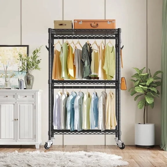 Weogot 3 Tier Heavy Duty Rolling Garment Rack with Lockable Rollers,Freestanding Clothing Rack,Black,35"W x 17"D x 71"H