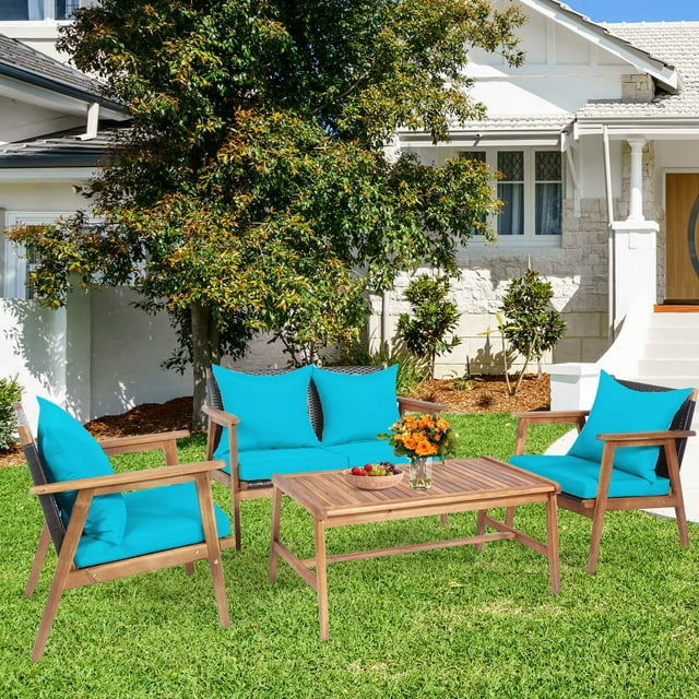 Gymax Ensemble de Conversation pour Patio 4 Pcs, Ensemble de Meubles à Cadre en Bois avec Coussins Turquoise