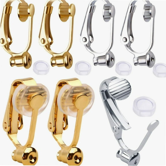 Clip-on Earring Converters, 12 Pieces Non Pierced Earring Clips with Post Earring Components and 12 Pieces Silicone Earring Pads for Earring Making, Silver and Gold