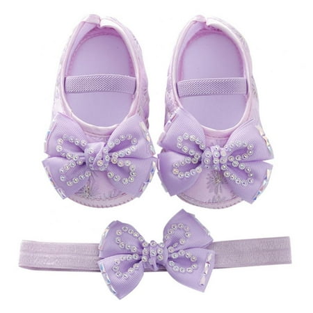 

Baby Girls Flats with Infant Non-Slip Soft Sole Cute Bowknot Shoes Newborn Princess Wedding Shoes Toddler First Walkers 0-12M with Hair Band