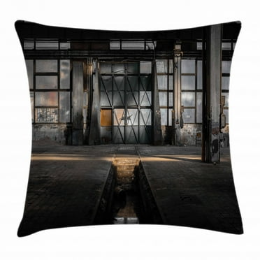 Industrial Decor Throw Pillow Cushion Cover, Creepy Dark Interior Derelict Workplace Blight Aged Warehouse Door Image, Decorative Square Accent Pillow Case, 16 X 16 Inches, Multicolor, by Ambesonne